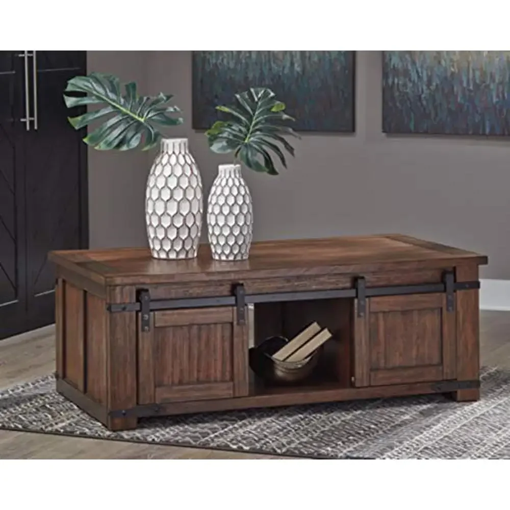 Budmore Farmhouse Coffee Table Sliding Barn Doors Casters Hidden Storage Black Metal Accents 50