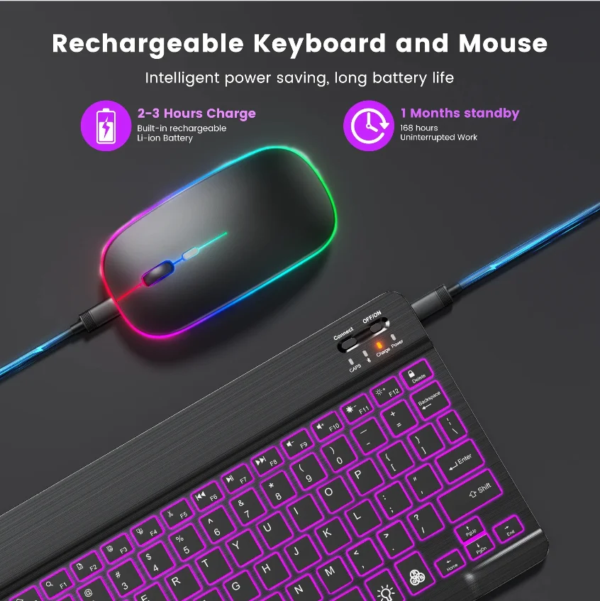 10 Inch Backlit Bluetooth Keyboard Mouse For IOS Android Windows For iPad Portuguese keyboard Spanish keyboard and Mouse