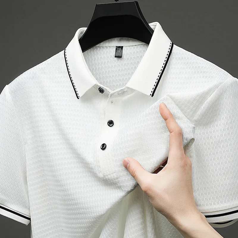 

Мужская рубашка-поло, мужская рубашка с коротким рукавом контрастного цвета, крутая и дышащая деловая повседневная футболка премиум-класса, эластичный впитывающий пот топ