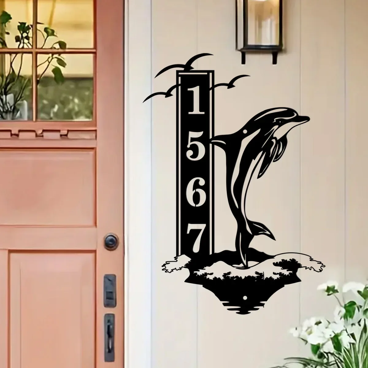 Custom Personalized Metal Dolphin Full Breach & Seagulls Flying: Stunning Outdoor Art, Perfect Beach Condo Address Welcome Decor