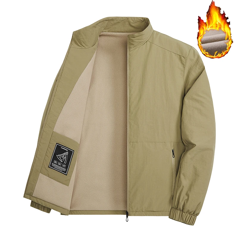 Herren Winterjacke mit Fleece-Futter, dicker Stoff, Stehkragen, einfarbig, für Business und Freizeit, winddicht, mit Reißverschluss, warme Herrenoberbekleidung. – Detail 3