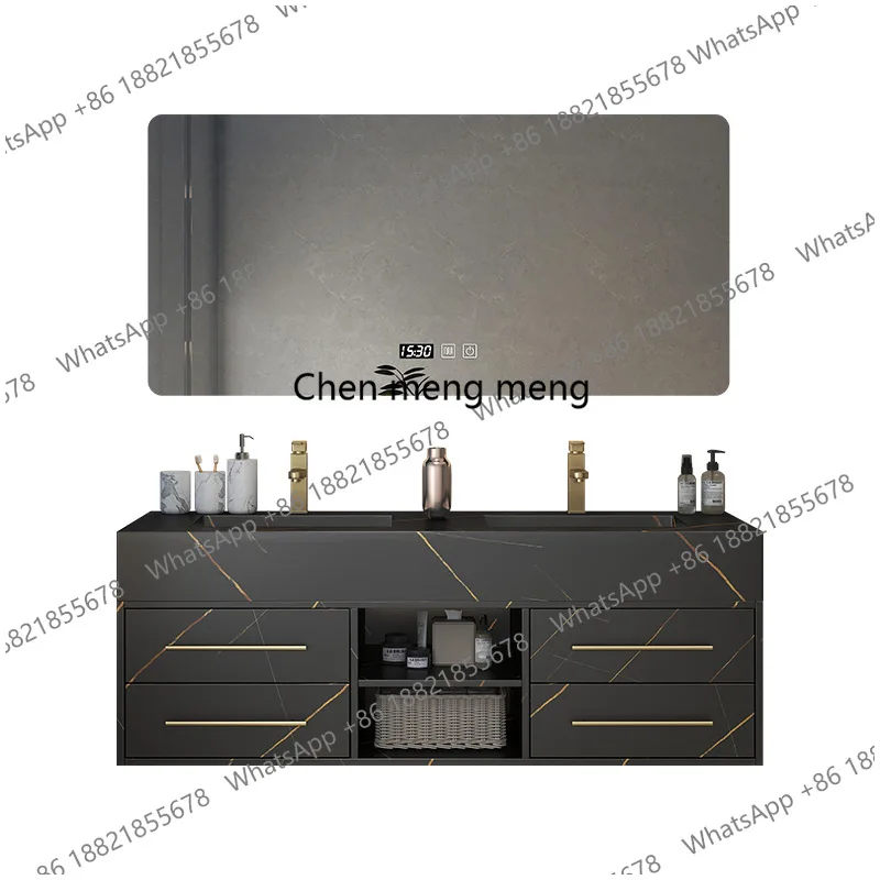 

Luxury Bathroom Cabinet Rock Slab Wall-mounted Smart Mirror Washbasin Cabinet Combination Vanity Set Stone Top Wall Mounted