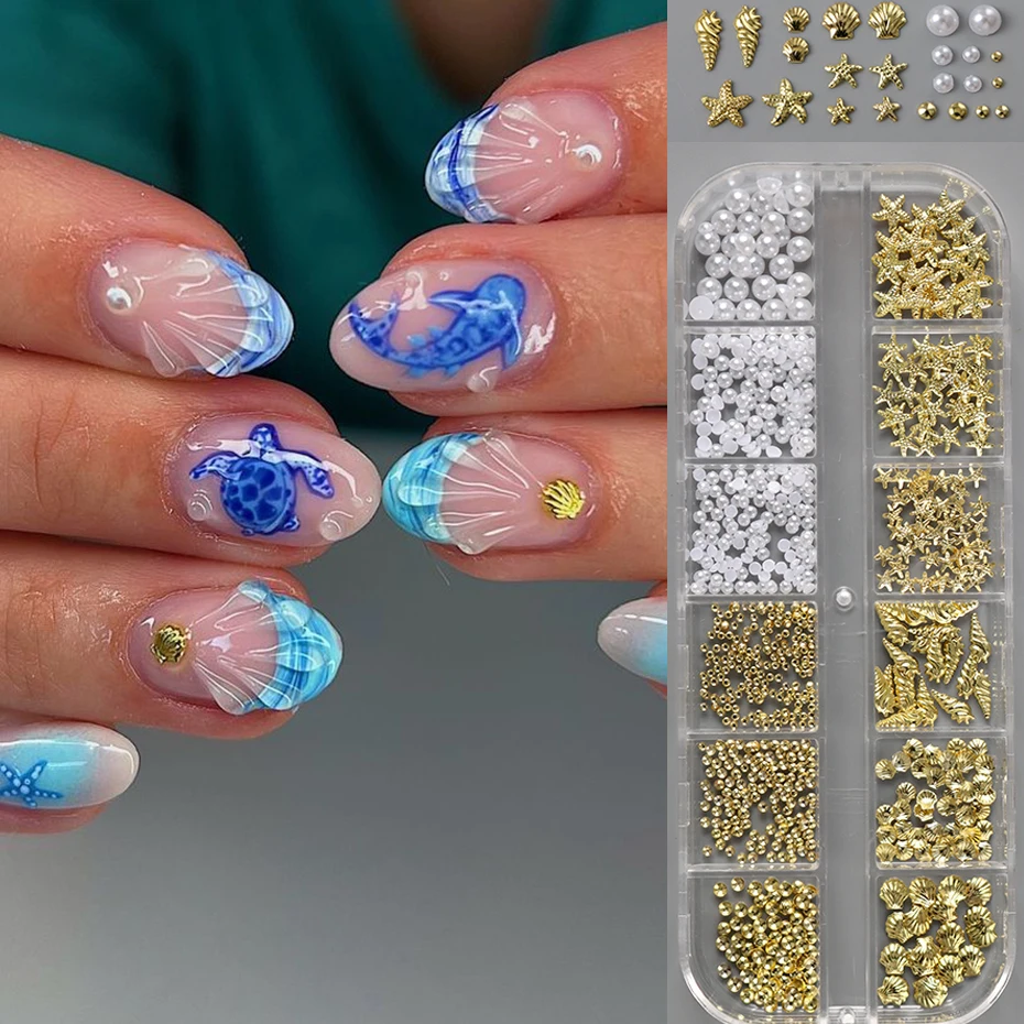12 Grids Golden Sea-Themed Studs Nail Art Charms 3D Starfish & Shell Golden Bead white Beige Nail RhinestonesNail Charms DIY