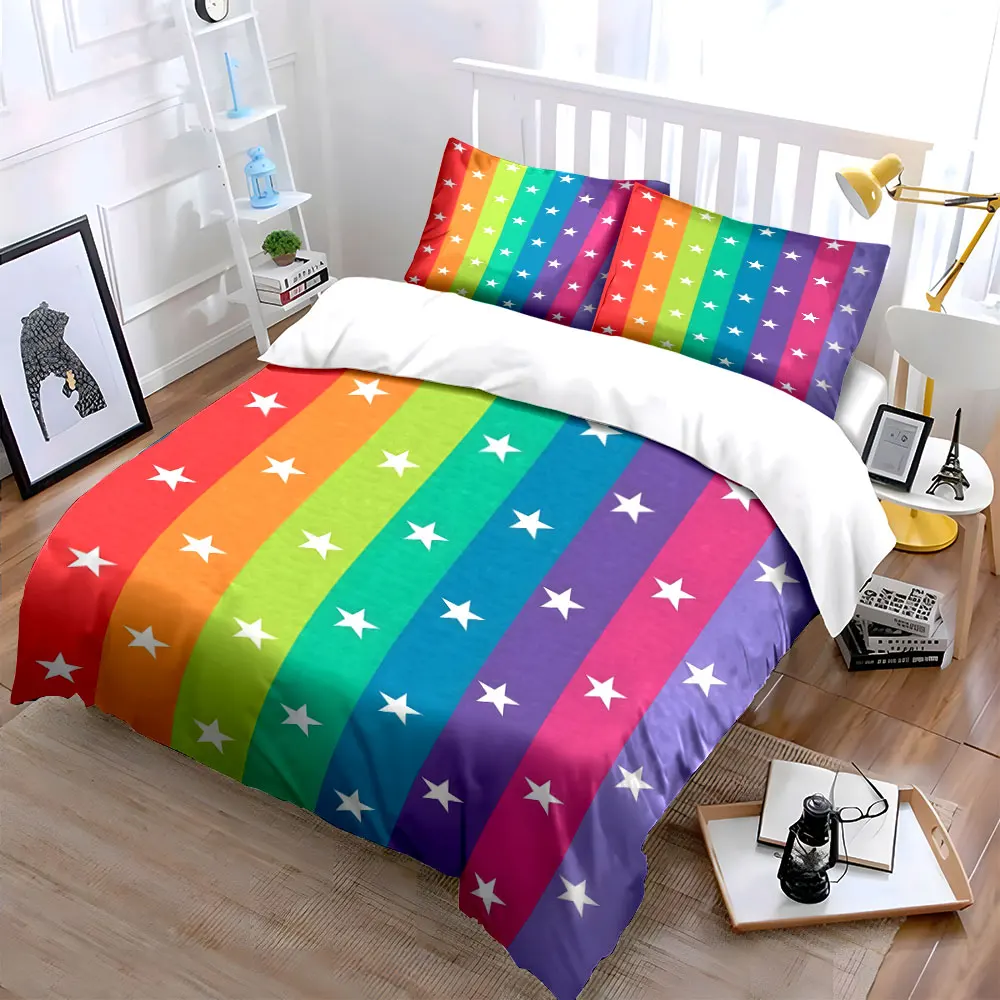 Rainbow Stripes with White Stars Print Bedding Set 1 Duvet Cover 2 Pillowcases for Adult and Children Luxury Gift Full Size