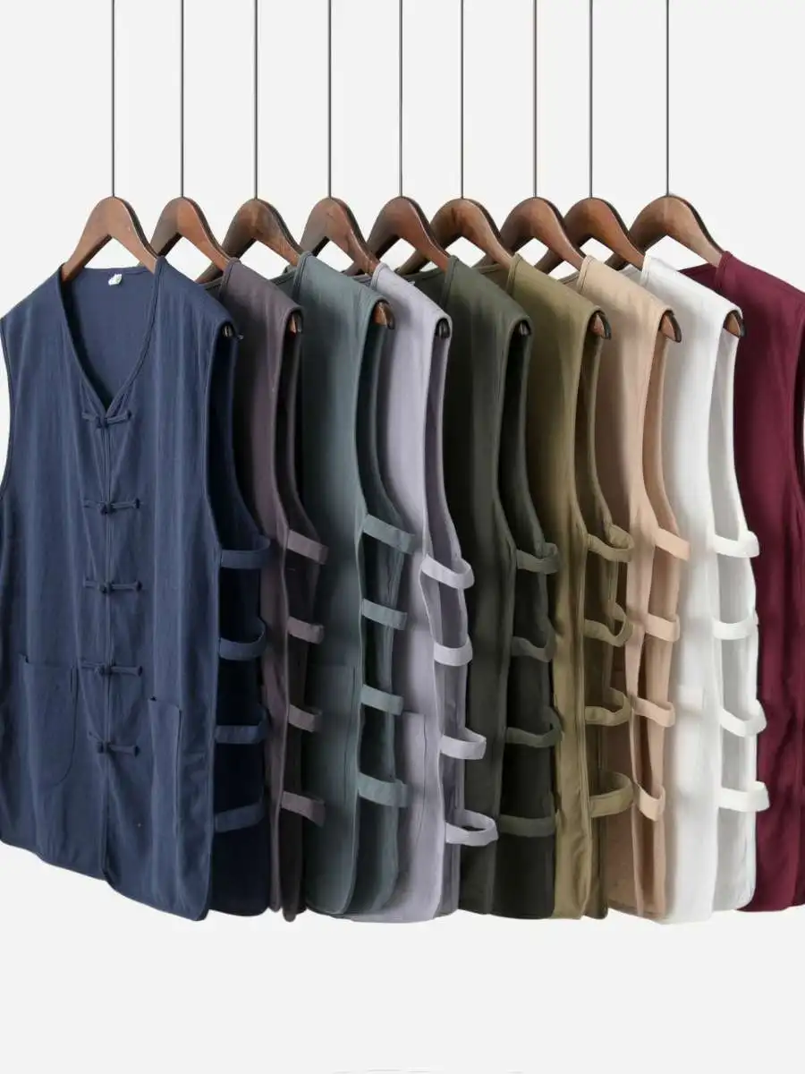 Large Size Cotton Linen Men's Vest Summer Shirt Chinese Style Tang Costume Shoulder Pad Button Design Traditional Collar Design