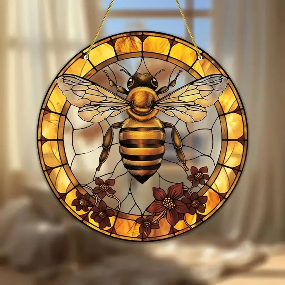 Bee & Flower Stained Glass Garden Suncatcher - Animal Theme Birthday Decoration, Versatile Indoor/Outdoor Ornament for Garden,