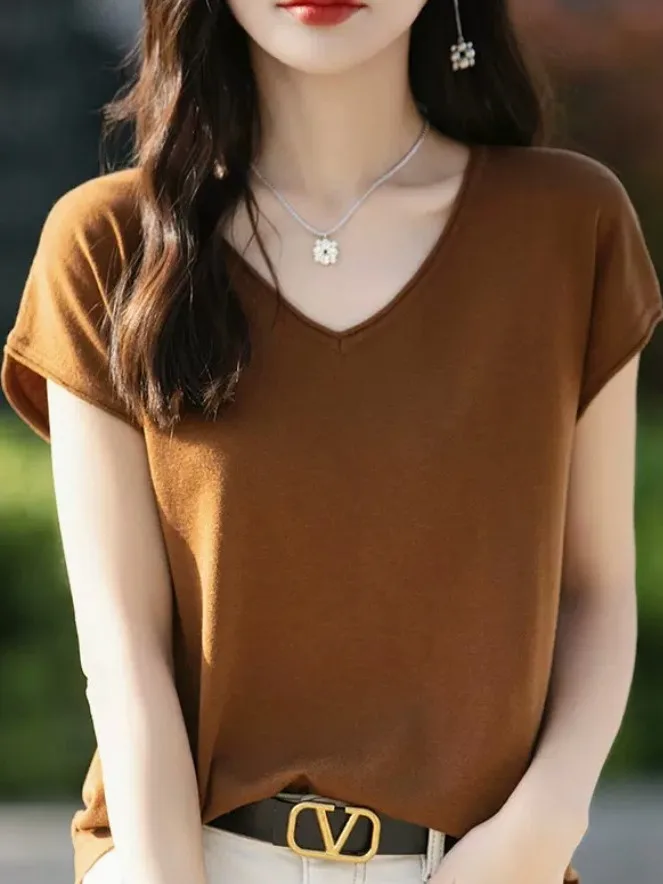 فضفاض محبوك ort Sve V-Ne تي شيرت المرأة الصيف رقيقة لفة أعلى مريحة للتنفس قسط Quali لباس غير رسمي