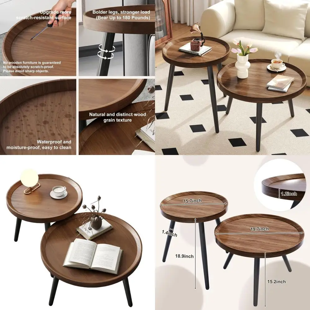 

Mid Century Modern Round Coffee Table Set, Walnut Wood Nesting Tables for Small Spaces, Black Circle Wood Center Tables, Easy As