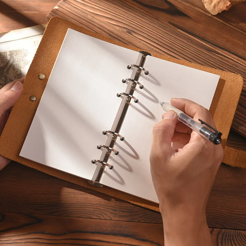 Genuine Cowhide Leather Loose-Leaf Journal with Pull-Up Finish, Wrap Strap, Removable Rings and Refillable Ruled or Blank Pages