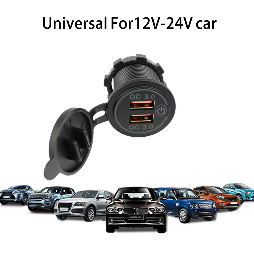 2022 New Quick Charge QC3.0 Dual USB Car Charger Cigarette Lighter Socket Waterproof 12V/24V  Fast Charger With Touch Switch