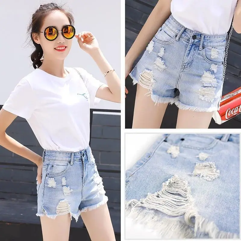 Mulheres com buracos rasgados shorts jeans, cintura alta, jeans de perna larga, casual solto com bordas cruas, moda verão, nova