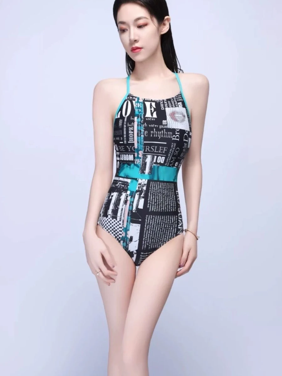 

Retro Geometric Print One-Piece Swimsuit Women's Special Waist-Cinching Color Block Lettering New Style Swimming Suit