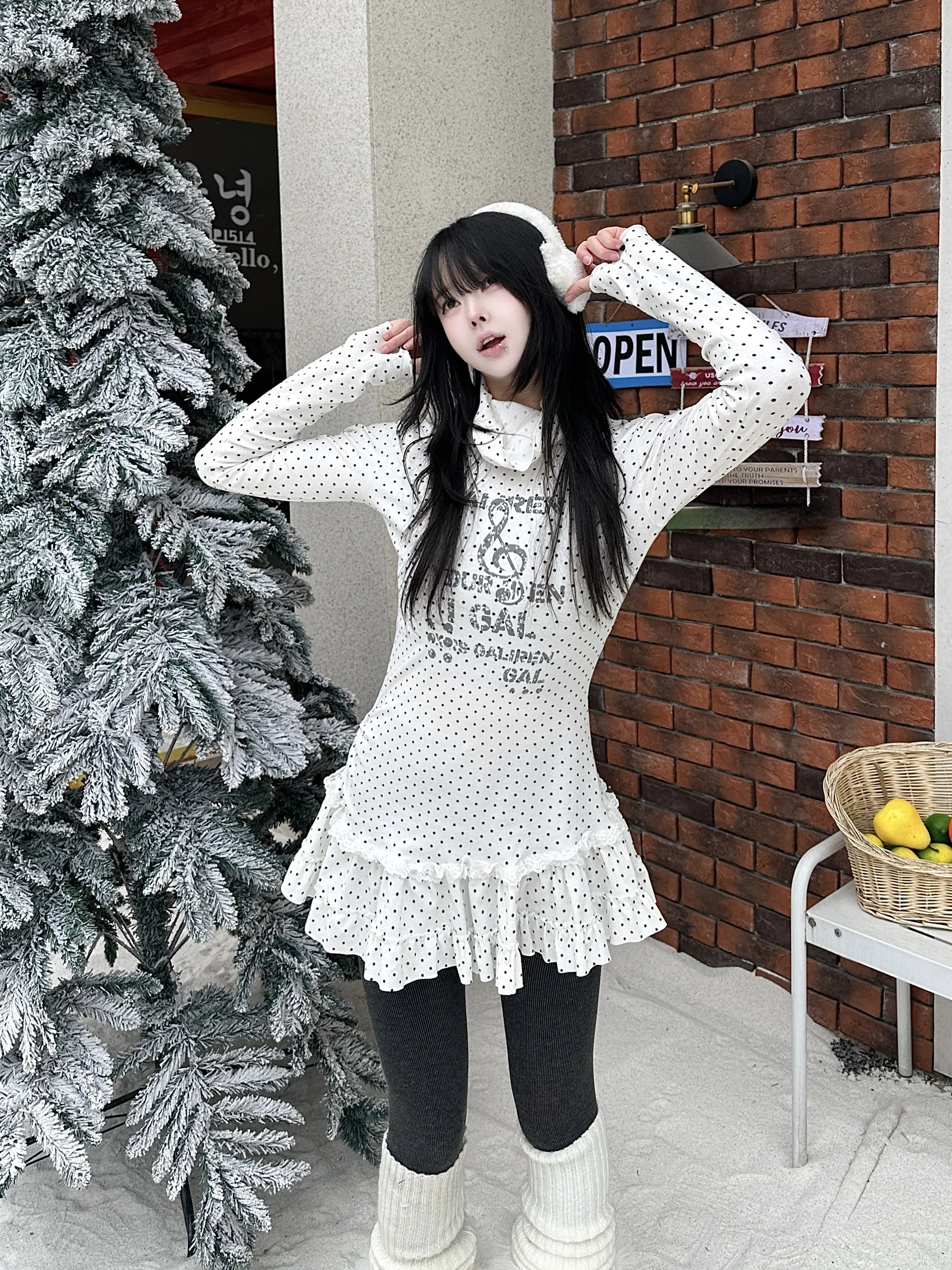 

Симпатичная юбка в горошек, футболка Long Sve, женская повседневная верхняя многослойная хлопчатобумажная ткань, силуэт трапециевидной формы, повседневная одежда