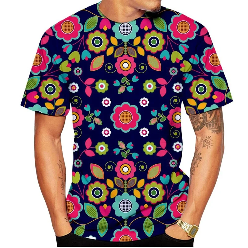 Men\'s T-shirt 3d Colorful Flower Printing Short Sleeve Women T Shirts Oversized Tops Round Neck Tee Streetwear Summer Clothing