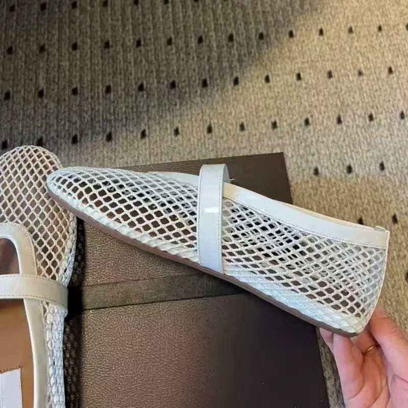 

Designer Brand Summer Fashionable Leather Mesh Hollowed Out Straight Ribbon Mary Jane Single Shoes Women's Flat Ballet Shoes