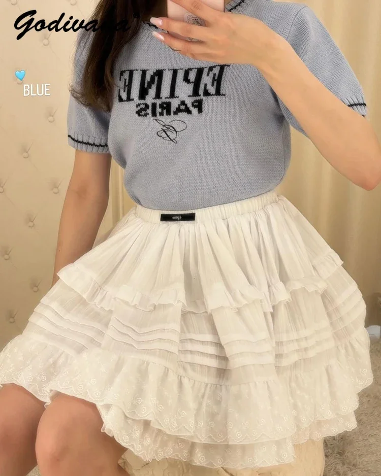 Japanese Style New Women Girls Elastic Waist Layer Lace Splicing Sweet Skirt Spring Summer White Short Cake Skirts