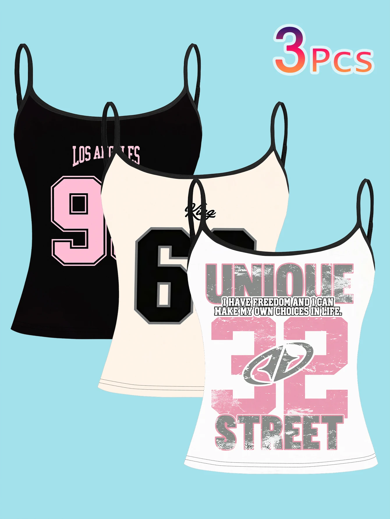 3-Pack American-Style Number and Letter Printed Slim Tank Tops, Jersey-Style Fitted Sleeveless Tops, Y2K Versatile Base Layer Shirts