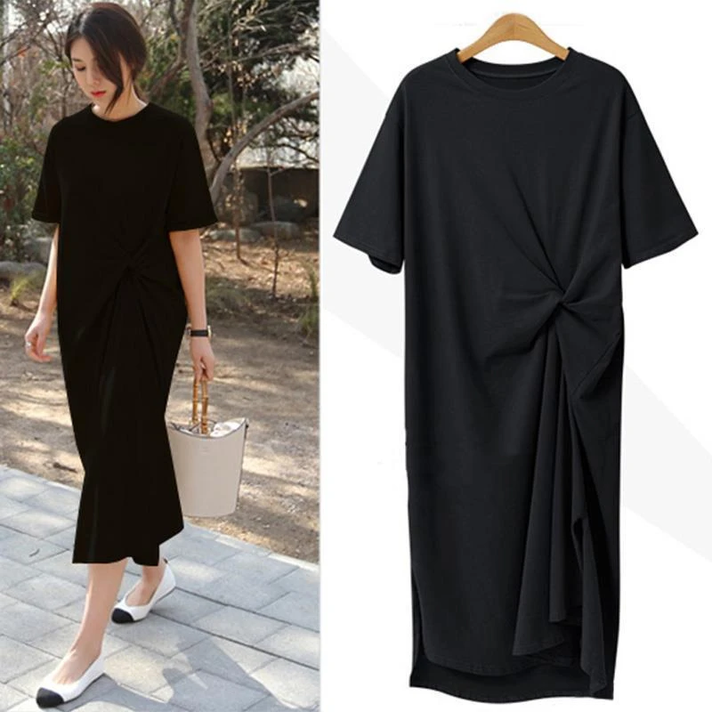 2024 Summer New Large Size Women\'s Loose Skirt Long Knee T Shirt Dress on Clothes Short Sleeves