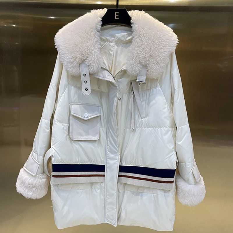 2023 Women Winter Natural Sheepskin Fur Collar Goose Down Jacket Sweet Style Luxury Female Coats Streetwear