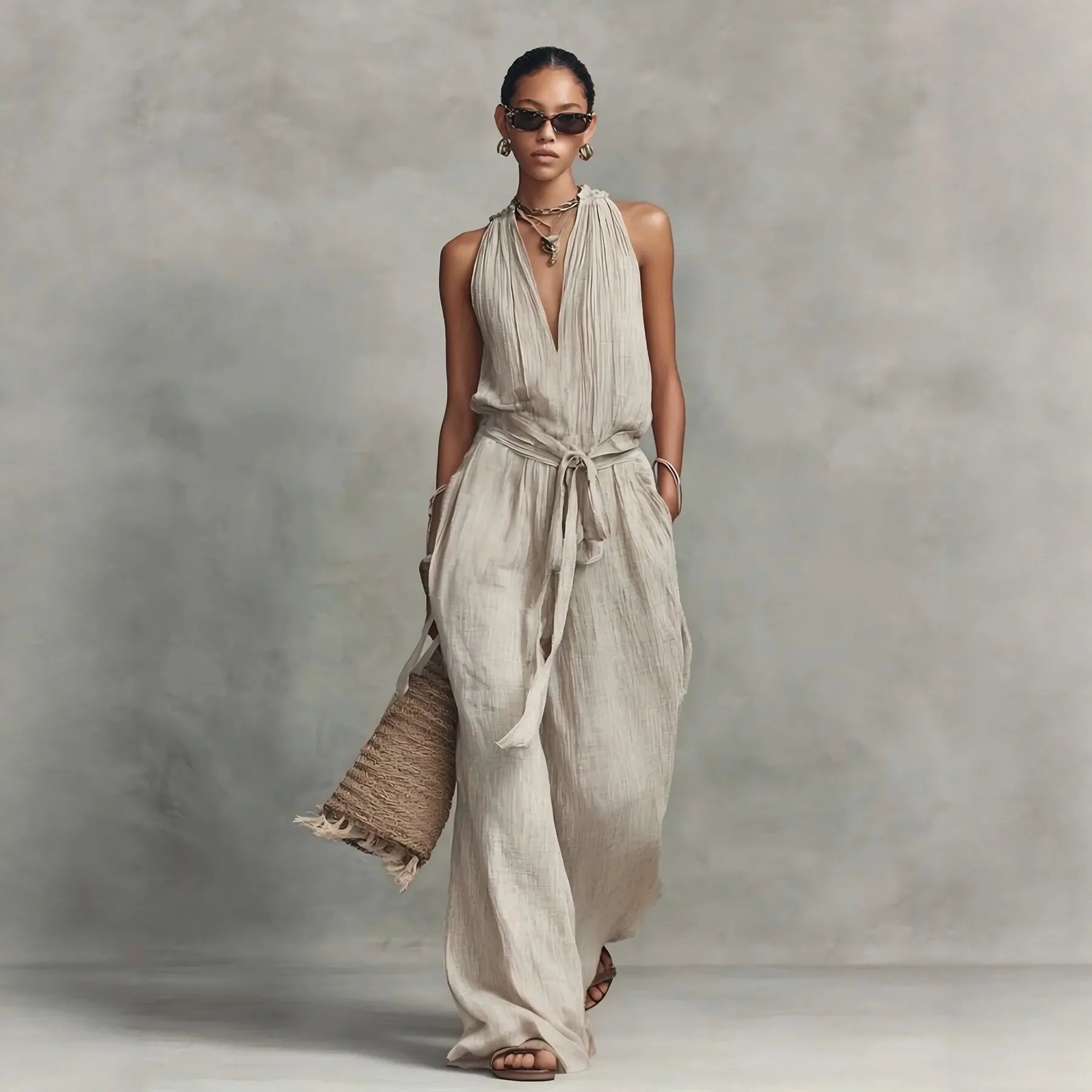 Gaun Musim Panas Wanita Linen Tanpa Lengan, Kerah Gantung, Tanpa Punggung, Tali Serut, Jumpsuit Liburan, Warna Solid, Kasual, Longgar