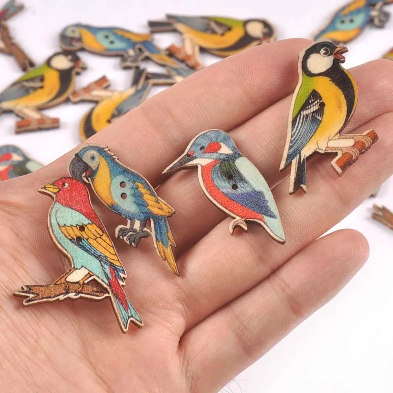 25pcs 2-4cm Mixed Bird Painting Wooden Decorative Buttons For Sewing Handmade Scrapbooking Crafts CP3453