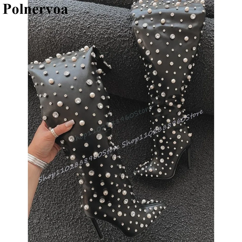 

Thigh High Black Crystal Pearl Leather Boots Thin High Heel Women Shoes Side Zipper Pointed Toe 2025 Fashion Zapatos Para Mujere