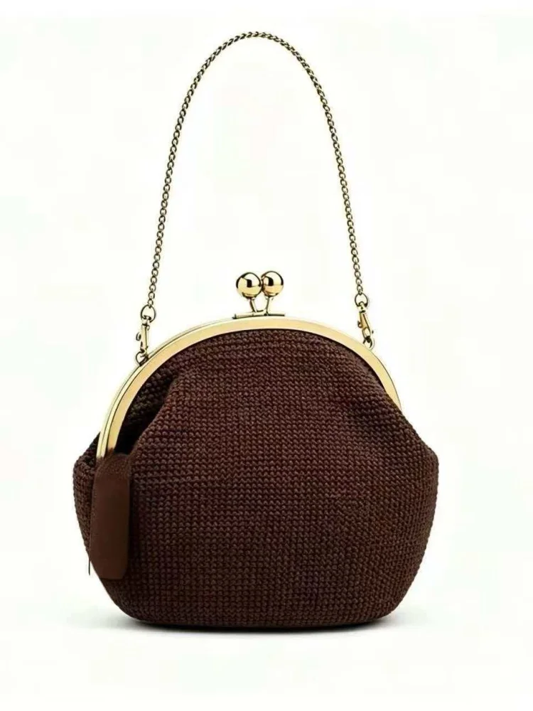 Women's Kiss Lock Straw Woven Crossbody Bag Trendy Lock Frame Elegant Leather Shell Shoulder Bag Small Commute Work Handbag