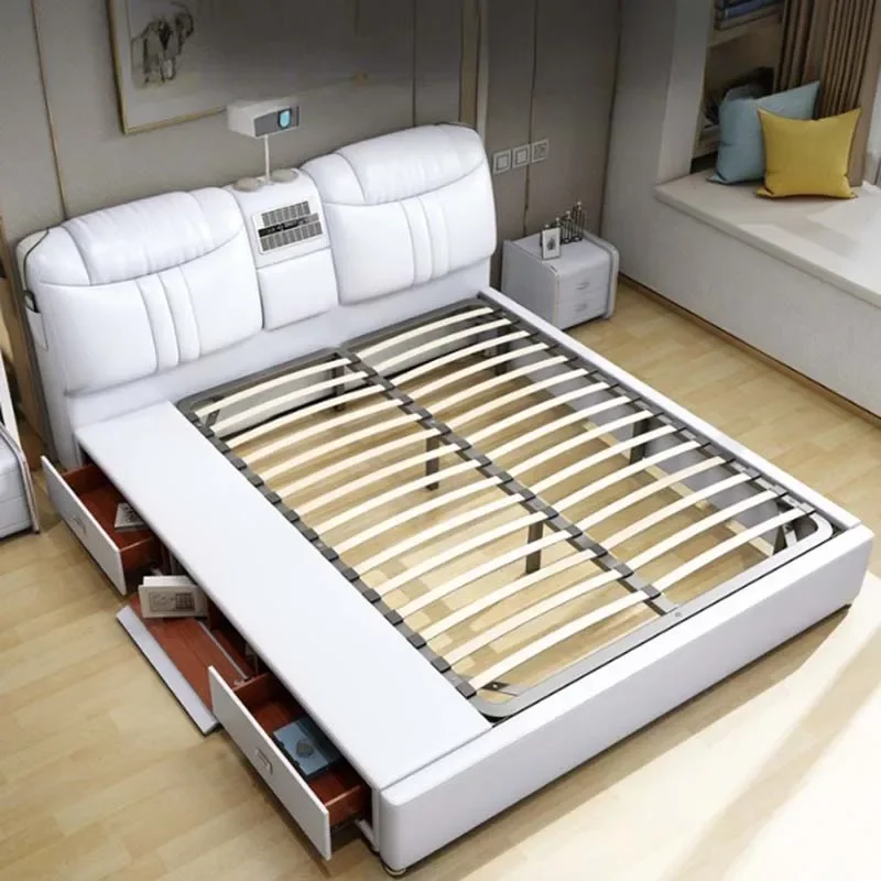 Proyector de cama de cuero masajeador, componente de carga Usb, almacenamiento de cama moderno de lujo, iluminación eléctrica, muebles de dormitorio multifuncionales