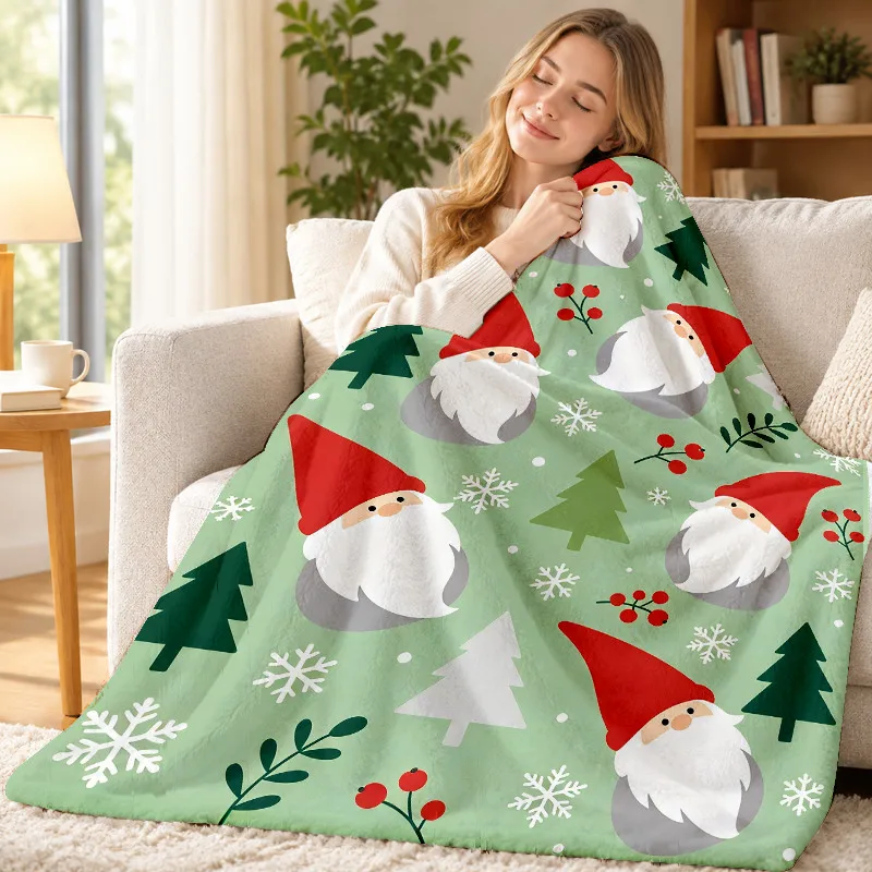 Cute Gnome Throw Blanket Light Green Xmas Tree Berry Snowflake Print Soft Flannel Sofa Lap Xmas Party Holiday Home Decor Gift