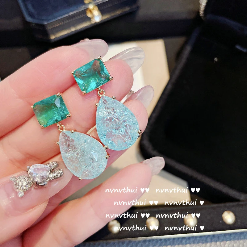 2024 New Geometric Two Tone Crush Paraiba Tourmaline Drop Earrings for Women Luxury 18K Gold Plated Dangles Banquet Jewelry