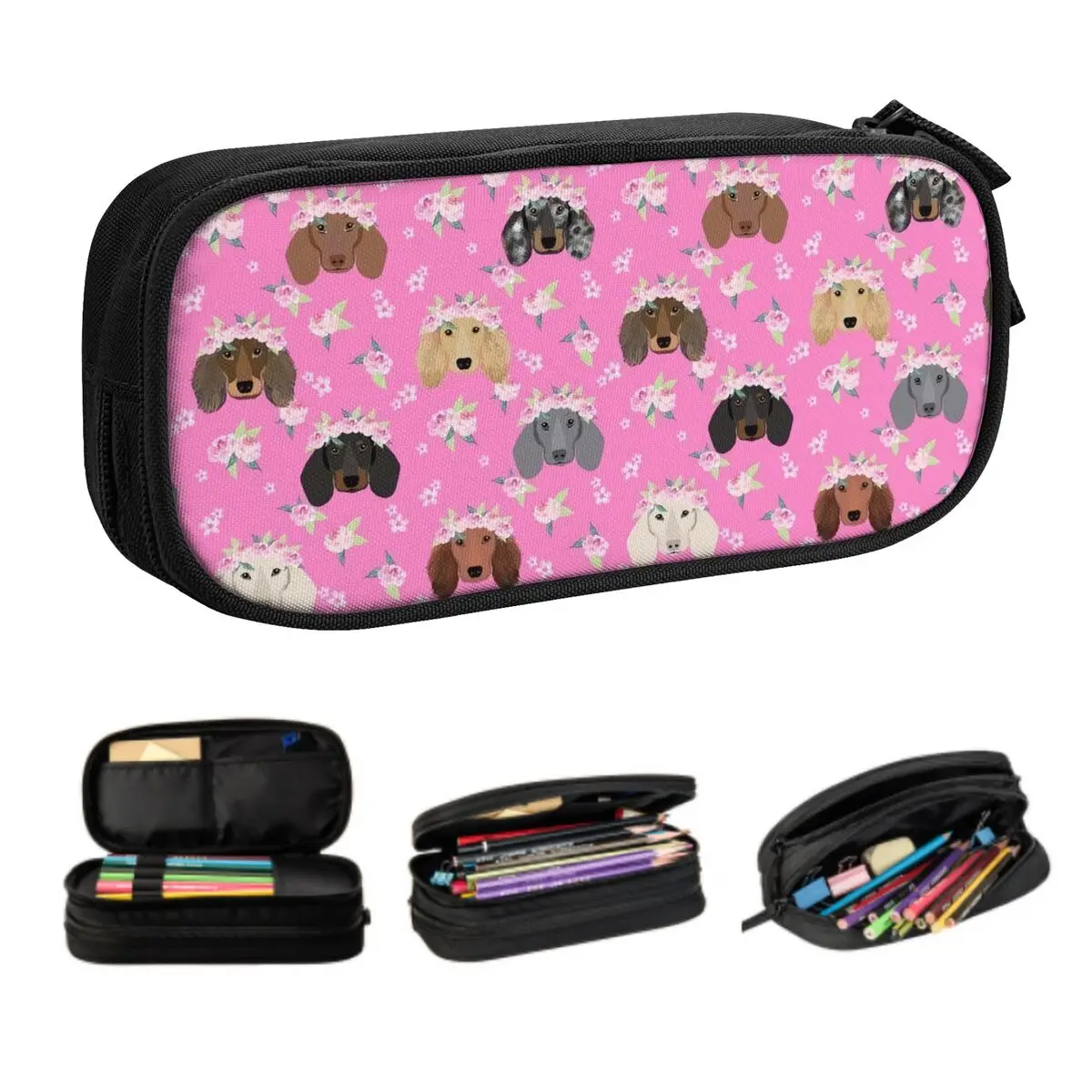 Puppy Dachshund Sausage Florals Pencil Case for Girls Boys Big Capacity Cute Pet Pen Bag Box School Supplies