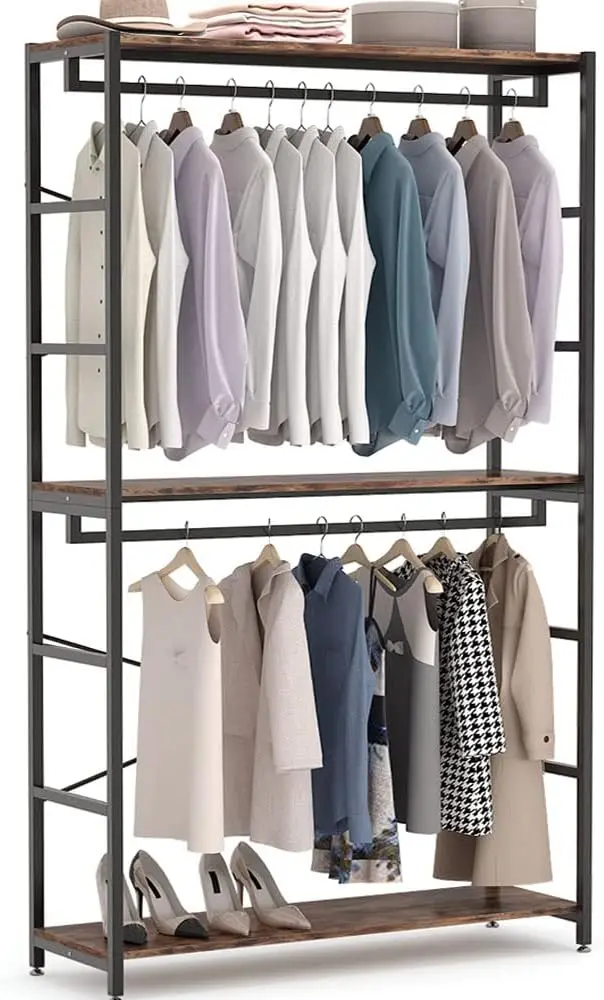 

86 inches Double Rod Closet Organizer, Freestanding 7.2 ft 3 Tiers Shelves Clothes Garment Racks, Clothing Storage Shelving Unit