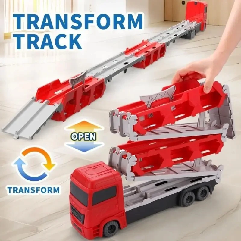 Red 61-inch dual track transport truck toy set with pop-up car, 6 metal cars and foldable storage, perfect gift for kids