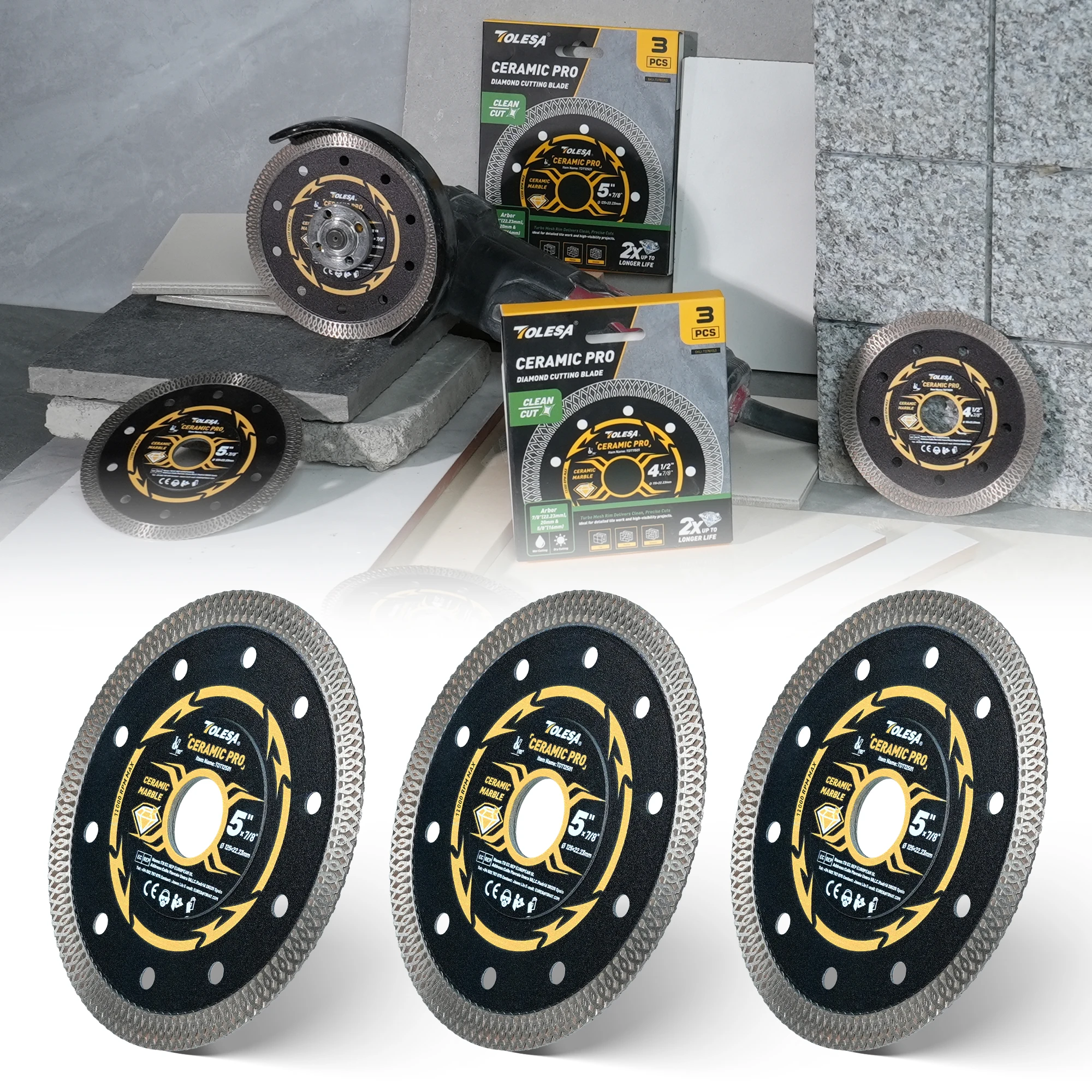 

TOLESA 115mm-125mm Diamond Saw Blade, Super Thin Tile Blade, Wet & Dry Cutting Blade for Ceramic Porcelain Tile Granite Marbe