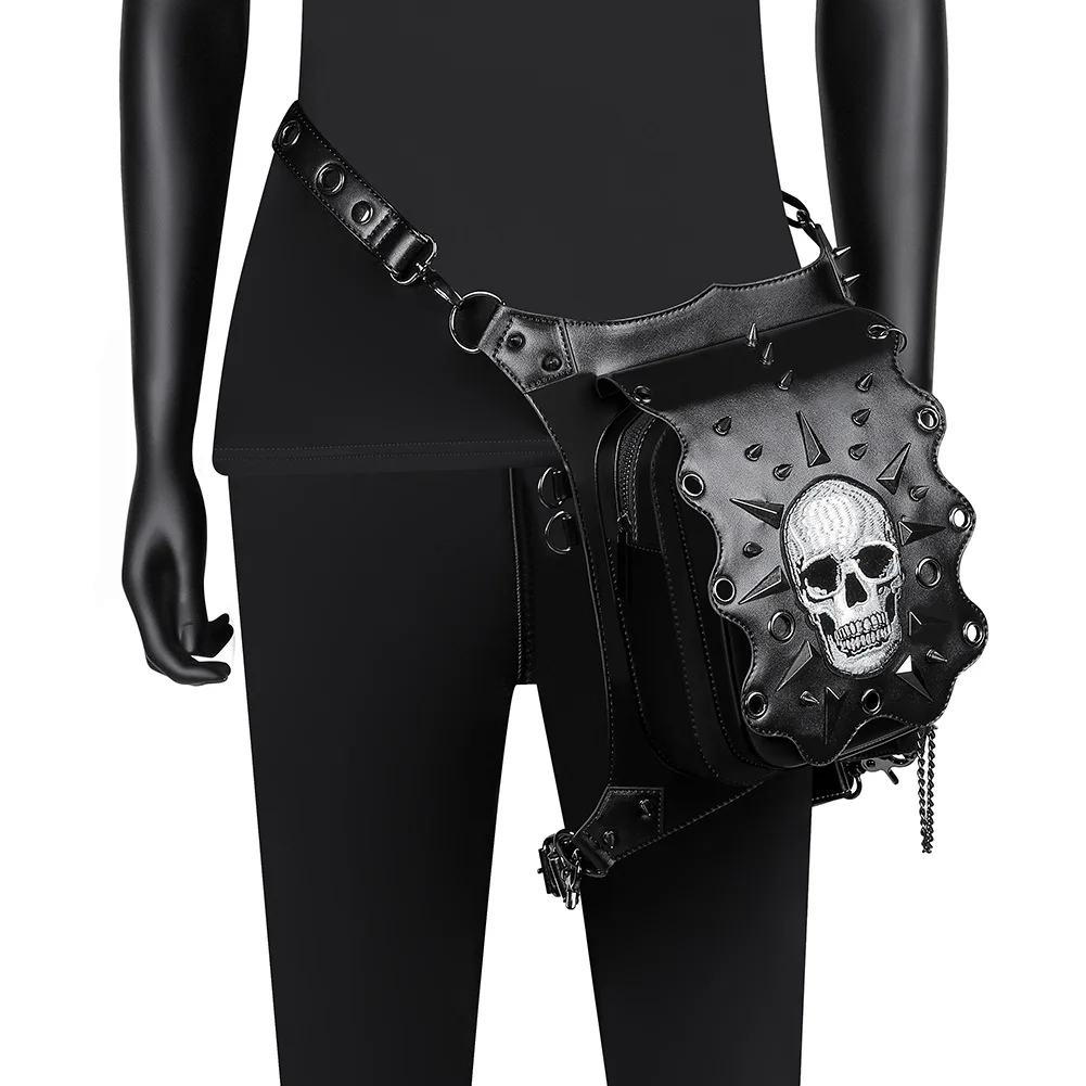 Medieval Punk Black Skull Cross Pu Halloween Accessories Role Playing Props Outdoor Waist Bag Outdoor Travel Chain Bag For Adult