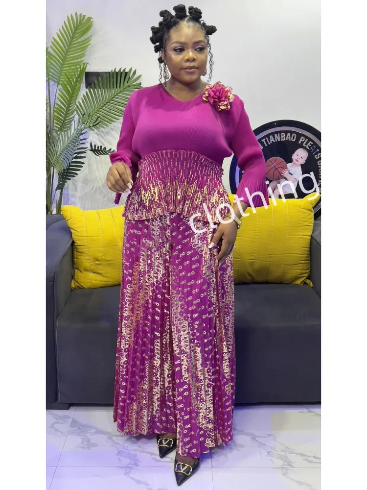 EGRM grande taille femme Miyake plissé deux pièces ensembles Blouse femmes tenue de luxe soirée robe pantalon ensembles 2025 nouveau 6A5918