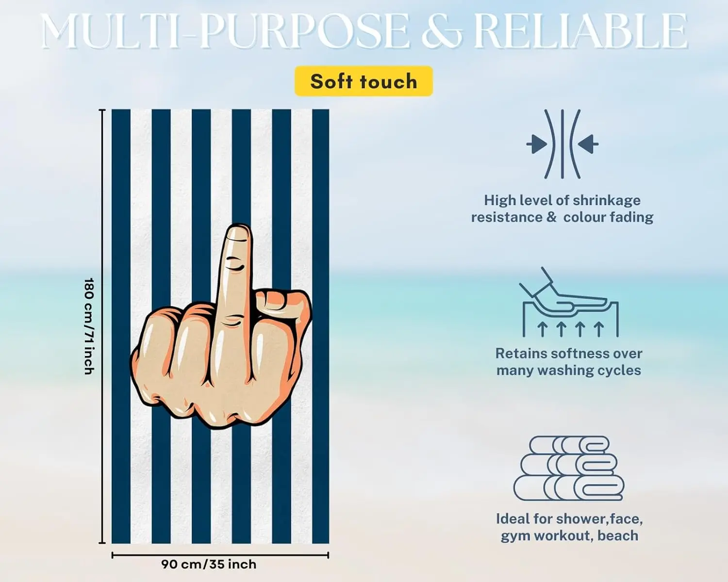 Middle Finger Beach Towel Oversized Microfiber Travel Towel Fast Drying Lightweight Funny Blanket, Blue White Stripes