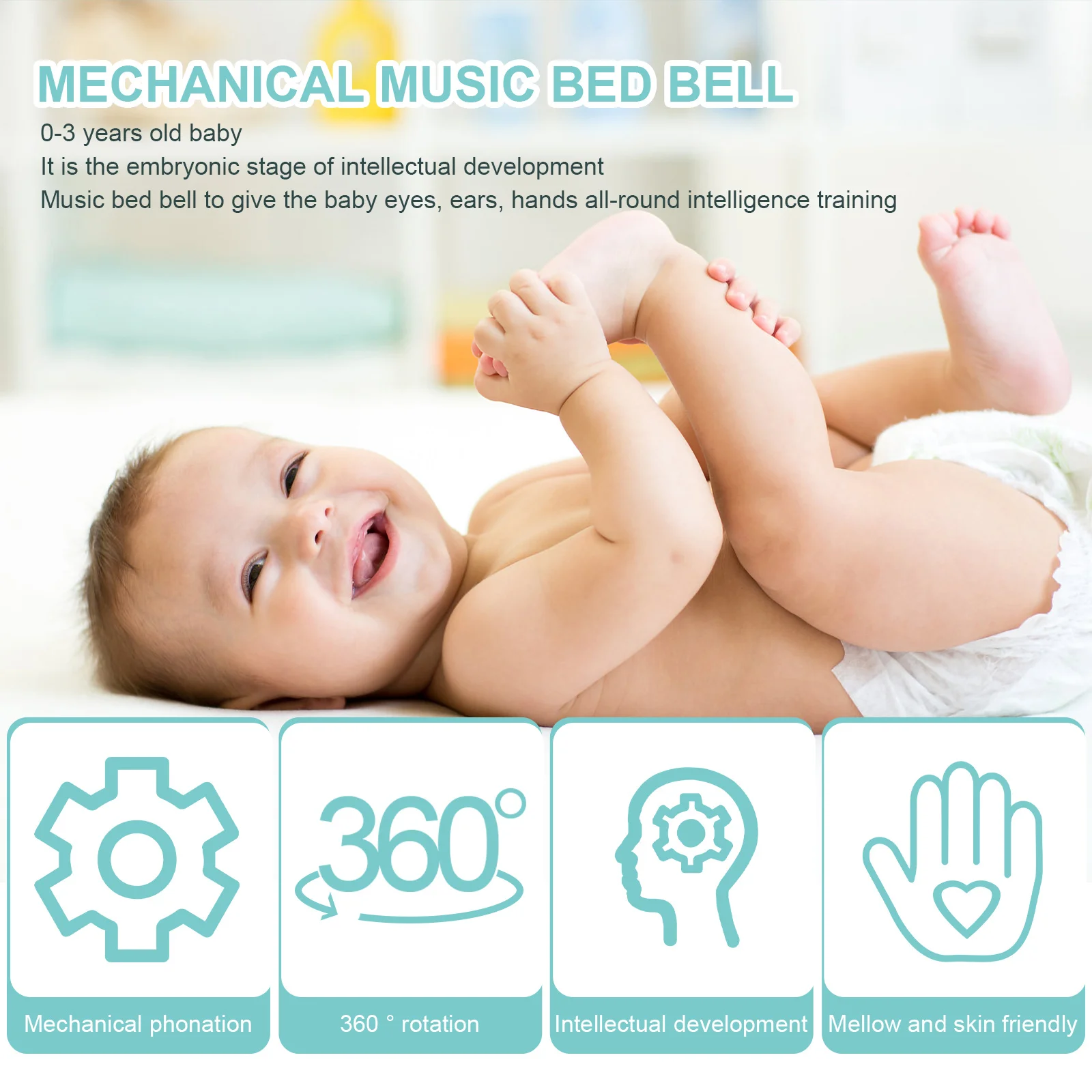 1Pcs Baby Music Box Mobile Crib Hook White Plastic 8x3.5x3.5cm Holder Rotates Pause Nursery Bell Development Visual Auditory