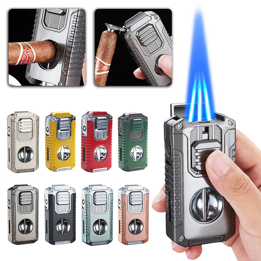 5 in 1 Triple Jet-Flame Torches Lighter with V Cutter Multipurpose Adjustables Butane Lighters Present for Men