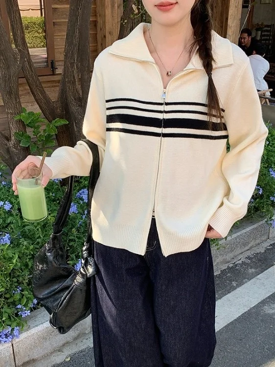 

plus Size Knitted Open Cardigan Women's Winter Loose Slimming Contrast Color Striped Sweater Jacket Long Sleeve Commute Style