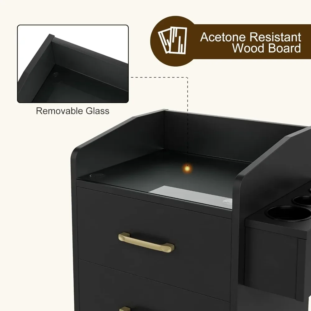 Carrinho de armazenamento para salão de beleza, armário de salão de cabeleireiro com tampo de vidro e suporte para secador de cabelo, rolos com fechadura, gavetas, preto