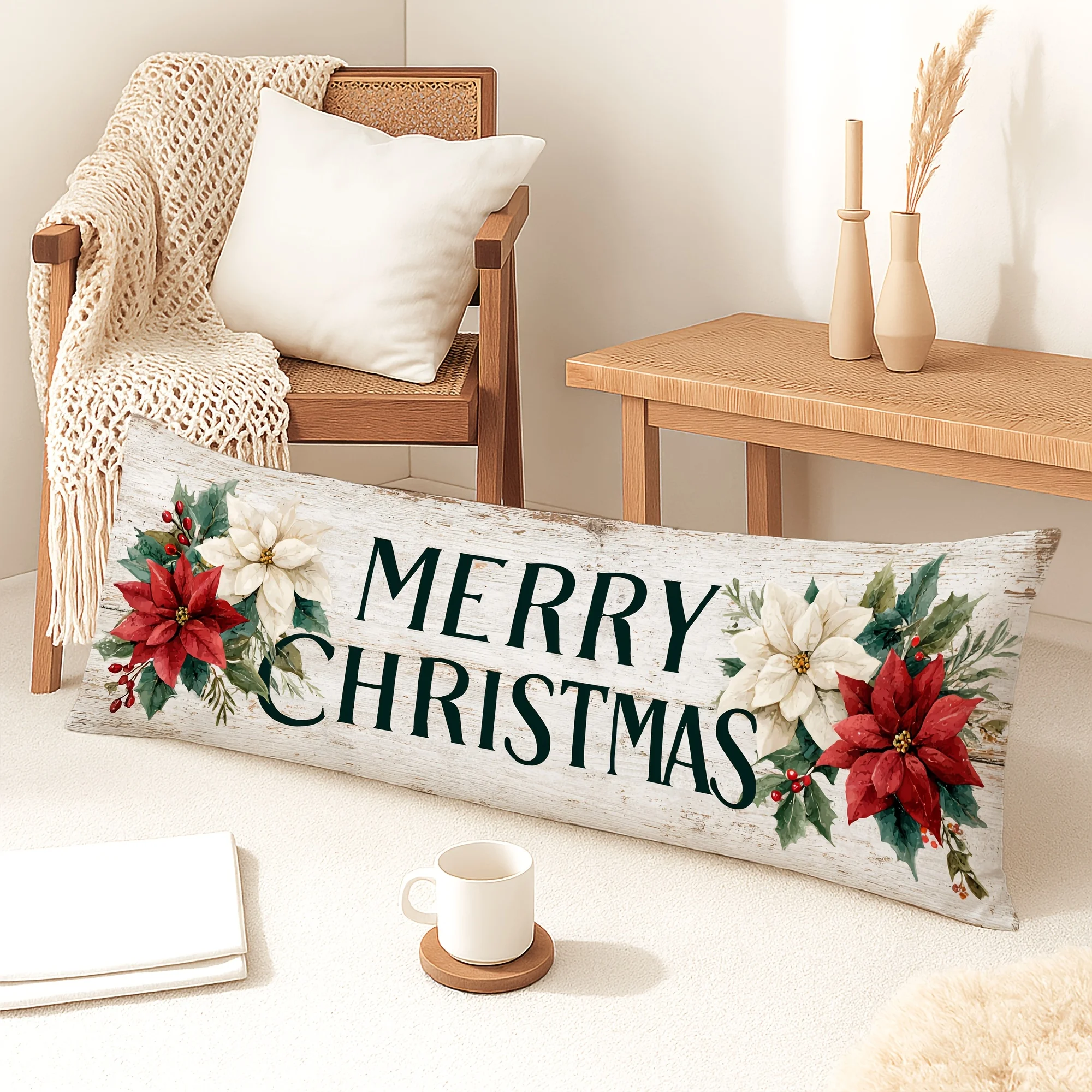 1pc Body Pillow Cover Christmas Decoration Merry Christmas Floral Fruits Holly 20*54 Inches Suitable for Living Room Bedroom Sof