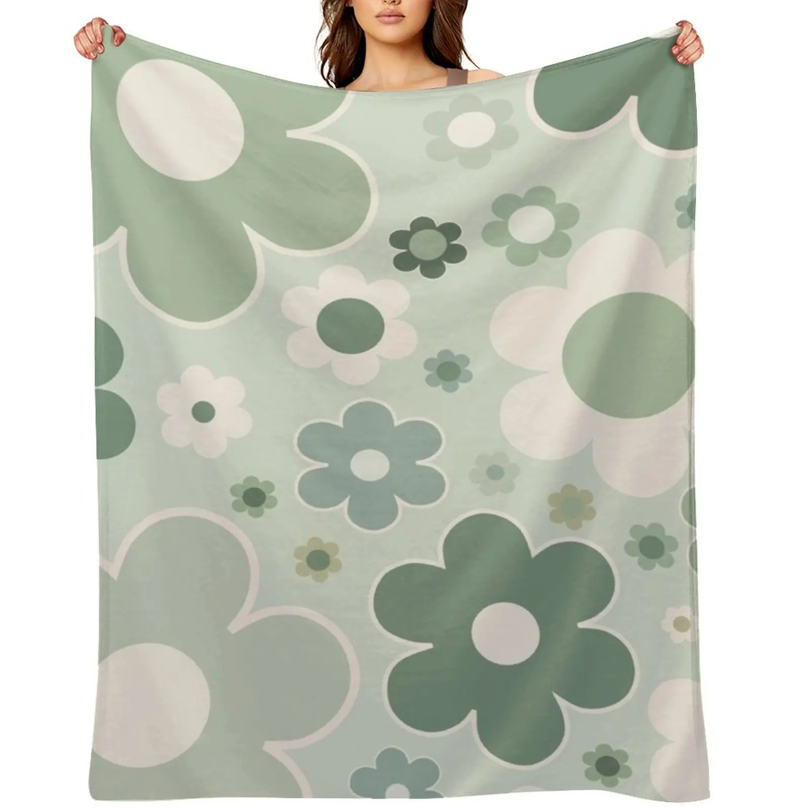 

Retro 70s Flowers Sage Green Floral Pattern Aesthetic Modern Flowers Throw Blanket Softest Furrys Shaggy bed plaid Blankets