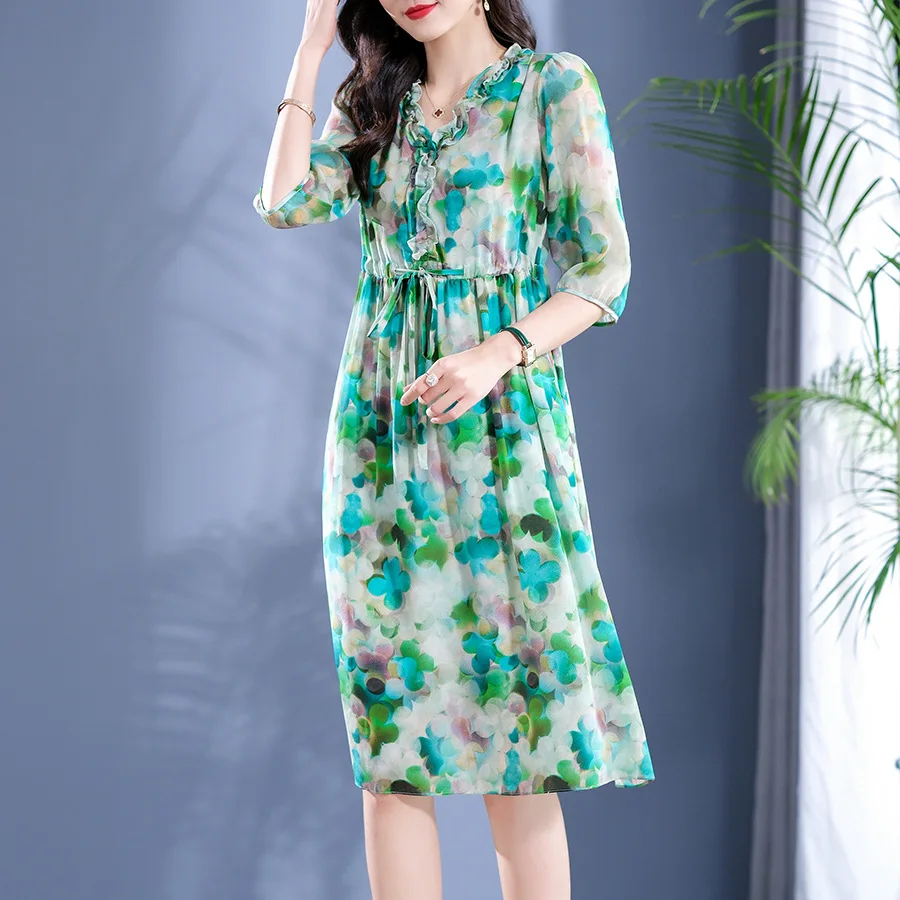 

Birdsky, 1PC Women dress V ruffles neck waist belt 5 sleeve 100% real mulberry silk dot print, S-898