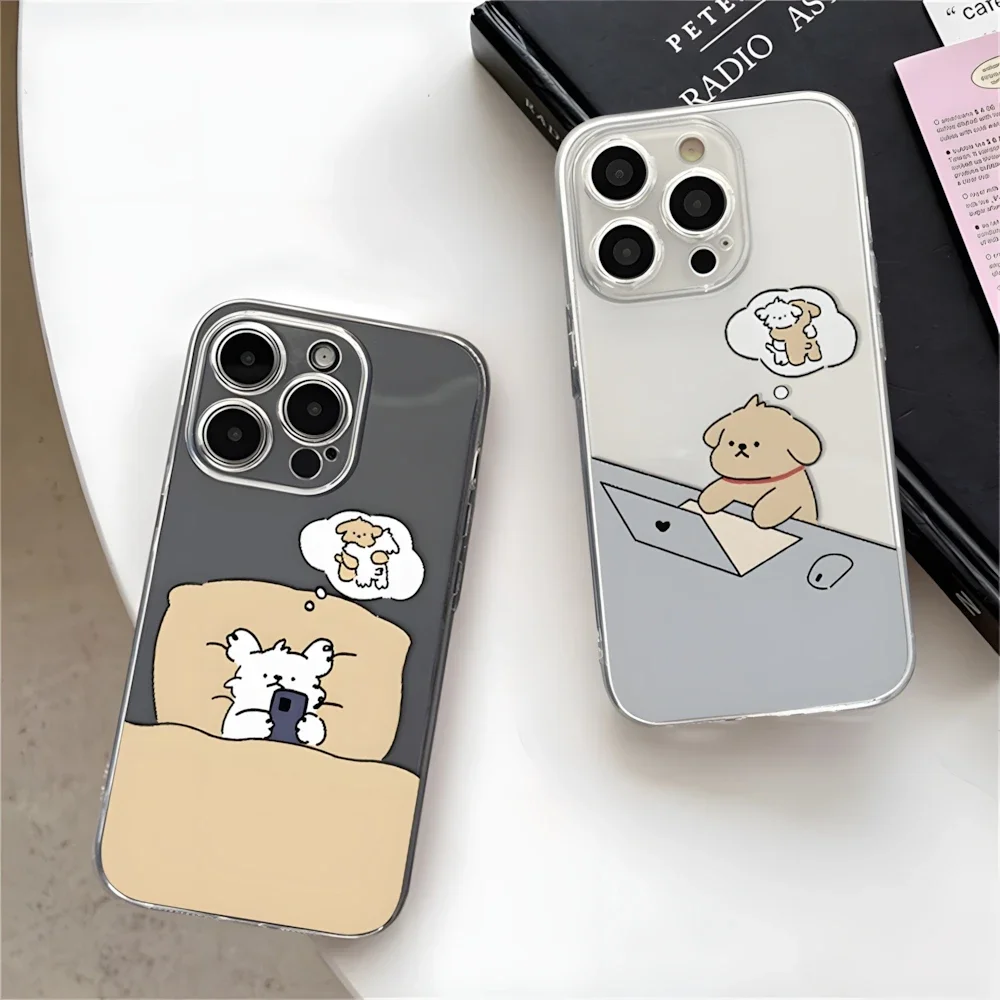 Long-distance Relationship Dog Matching Case for iPhone 16 11 12 13 14 15 Pro Max XR 8 Plus Soft Silicone Clear Cover for Couple