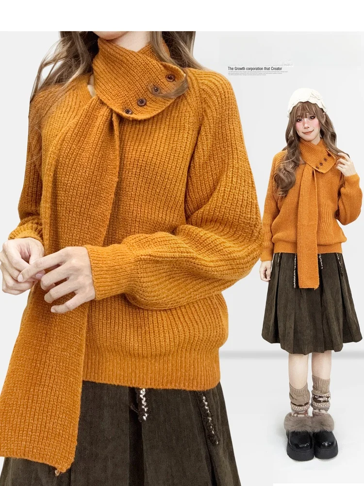 

Autumn Winter Pumpkin Orange Scarf High Ne Knitted Loose Sweater Women's Lazy Sle Pullover Retro Sle Long Sve Top