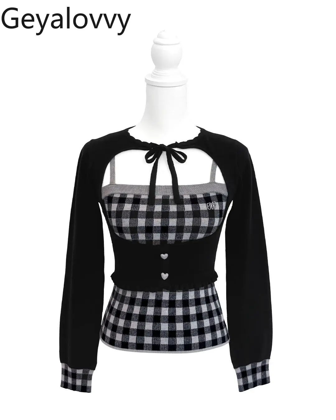 

Женские топы в японском стиле, осень-зима, новый милый милый вязаный кардиган на шнуровке + клетчатая вязаная майка для женщин