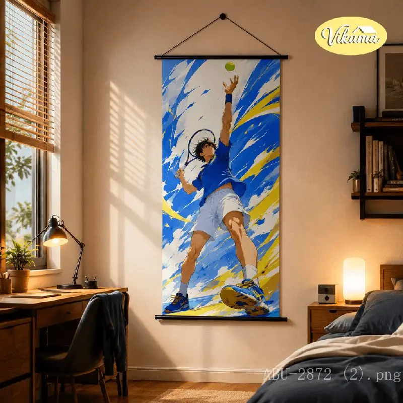 VIKAMA Anime Tennis Player Tapestry Blue White Uniform Serve Splash Art Anime Art Polyester Wall Hanging Bedroom Dorm Home Decor