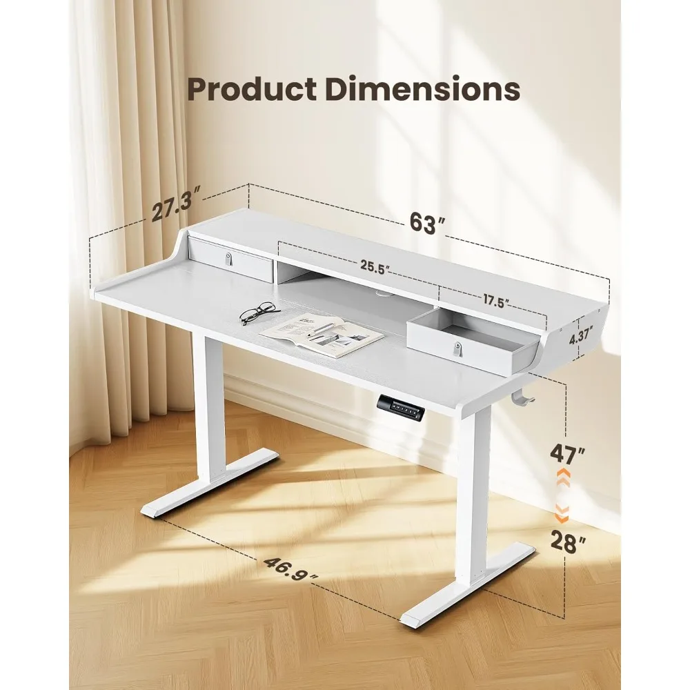 Electric Standing Desk with Drawers, 63″ x 28″ Gaming Desk with Monitor Stand, C-Clamp Mount Compatible, Home Office