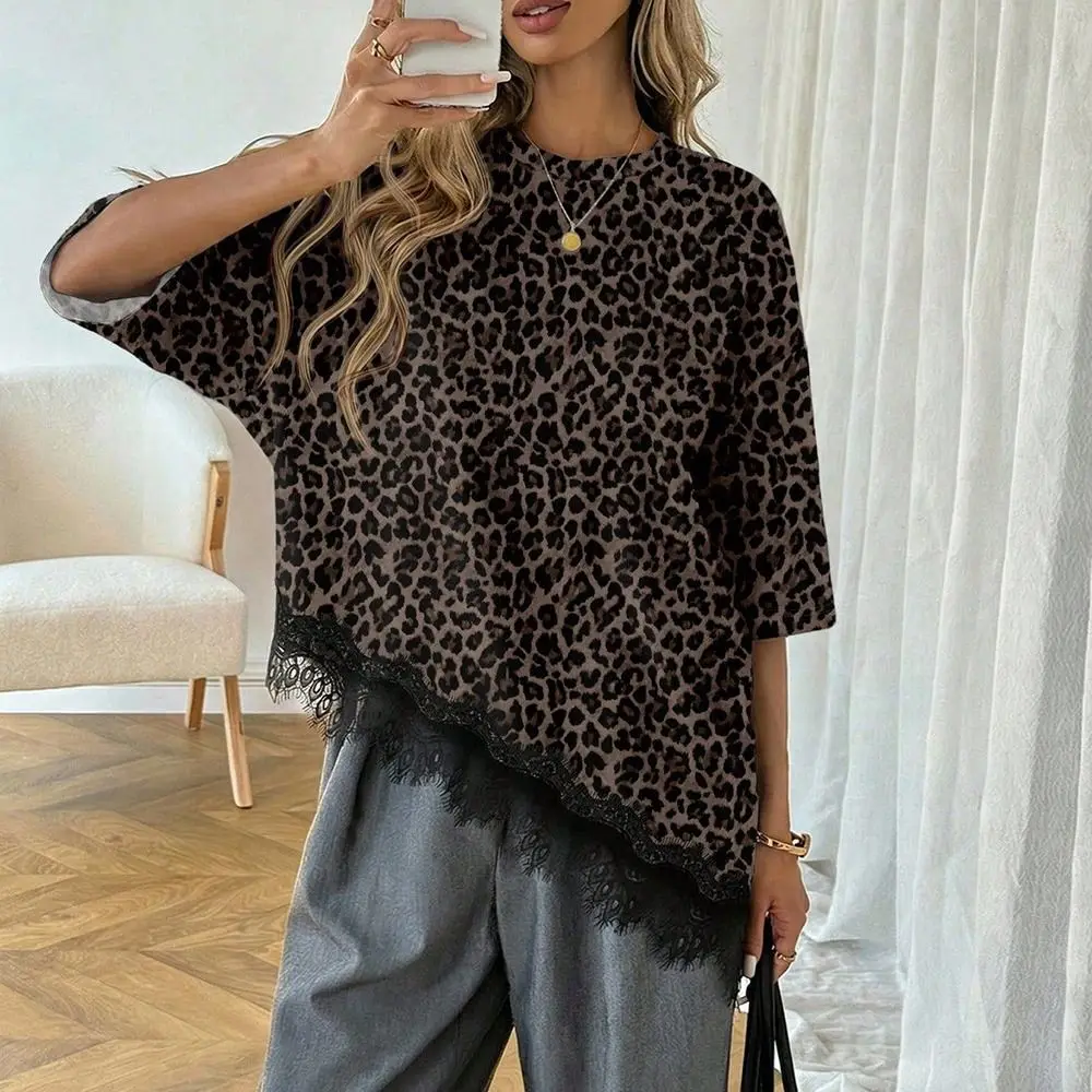 Elegant Lace Patchwork T-shirt Splicing Slanted Lace Middle Sleeve Oversized T-Shirt Casual O-Neck Leopard Print T-Shirt Women